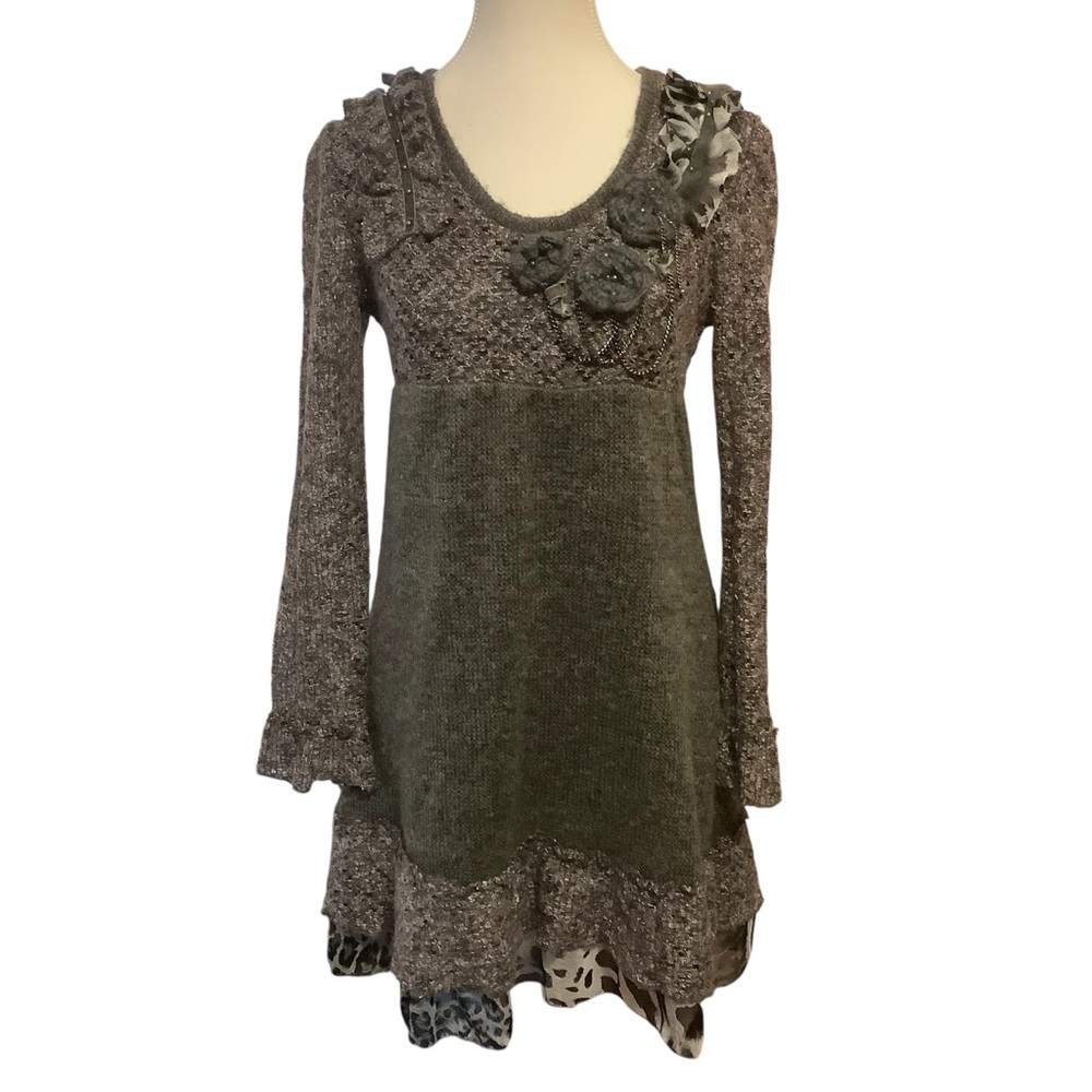 FORLA PARIS KNIT LONG SLEEVE ANIMAL PRINT/ FLORAL/ MIDI SWEATER DRESS/ Size M